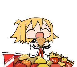 Rule 34 | 1girl, :q, :t, ^ ^, ahoge, animated, animated gif, black sailor collar, blonde hair, blouse, blush stickers, burger, chewing, closed eyes, closed mouth, cup, disposable cup, drink, drinking, drinking straw, drinking straw in mouth, eating, facing viewer, fast food, food, food wrapper, french fries, furrowed brow, hands up, holding, holding cup, holding drink, holding food, jaggy lines, licking lips, logo parody, long sleeves, looping animation, neck ribbon, no nose, null-meta, odayaka, open mouth, parted lips, red ribbon, ribbon, sailor collar, sailor shirt, school uniform, serafuku, shirt, short hair, simple background, sleeve cuffs, smile, solo, tongue, tongue out, uozumi kurumi, upper body, w arms, white background, white shirt