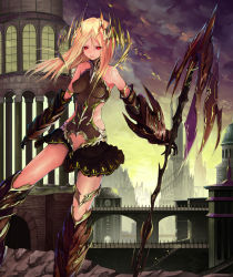 Rule 34 | 1girl, armor, bad id, bad pixiv id, blonde hair, building, highres, jewelry, long hair, looking at viewer, lots of jewelry, md5 mismatch, pixiv fantasia, pixiv fantasia fallen kings, polearm, red eyes, revision, skirt, solo, solru, spear, weapon