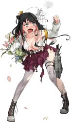 Rule 34 | 10s, 1girl, black hair, blouse, blush, boots, breasts, broken, carrying, carrying under arm, clenched hand, cross-laced footwear, damaged, dress, fang, flower, fujikawa, full body, hair ribbon, holding, holding flower, kantai collection, knee boots, lace-up boots, large breasts, leaning forward, long hair, looking to the side, machinery, multicolored hair, naganami (kancolle), no bra, official art, open mouth, pantyhose, pink hair, purple pantyhose, ribbon, school uniform, shirt, skirt, sleeveless, sleeveless dress, solo, standing, torn clothes, torn dress, torn pantyhose, torn shirt, torpedo, transparent background, white background, white shirt, yellow eyes