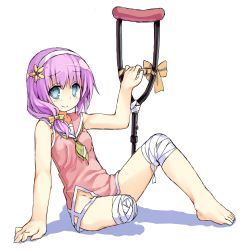Rule 34 | 1girl, absurdres, amputee, arm support, bandages, barefoot, blue eyes, crutch, dress, feet, female focus, flower, hair flower, hair ornament, hairband, hassai, highres, no panties, original, purple hair, simple background, sitting, smile, solo, toes, underarm crutch, white background