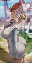 Rule 34 | 1girl, ass, blue ribbon, blurry, blurry background, breasts, character name, closed mouth, dress, hair over one eye, hair rings, highres, huge ass, large breasts, long hair, looking at viewer, multicolored hair, neck ribbon, one piece, one piece film: red, outdoors, patreon username, purple eyes, red hair, ribbon, shexyo, smile, solo, standing, thighs, two-tone hair, uta (one piece), white dress, white hair