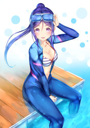 Rule 34 | 10s, 1girl, :d, absurdres, arm up, between legs, bikini, bikini top only, blue-framed eyewear, blue bodysuit, blue hair, blush, bodysuit, breasts, cleavage, collarbone, diving mask, diving mask on head, diving suit, goggles, goggles on head, gradient background, gradient hair, hachinatsu, hand between legs, highres, long hair, love live!, love live! school idol festival, love live! sunshine!!, matsuura kanan, medium breasts, multicolored hair, navel, open bodysuit, open clothes, open mouth, parted bangs, pom pom (clothes), ponytail, purple eyes, purple hair, sidelocks, sitting, smile, soaking feet, solo, spread legs, stomach, striped bikini, striped clothes, swimsuit, water, water drop, wet, wet hair, wetsuit, wooden floor