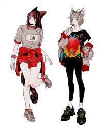 Rule 34 | 2girls, animal ears, ankle socks, bandaid, bandaid on knee, bandaid on leg, black hair, bobbbob, bracelet, brown eyes, brown hair, cat ears, cat girl, cat tail, clothes around waist, cup, disposable cup, green eyes, gym shirt, hand on own hip, jacket, jacket around waist, jewelry, leggings, light brown hair, looking to the side, multicolored hair, multiple girls, nail polish, off shoulder, original, pants, pants rolled up, print shirt, shirt, shoes, sneakers, socks, strap slip, straw, streaked hair, tail, tongue, tongue out, track jacket, track pants, track suit, yellow nails