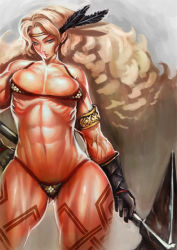 Rule 34 | 1girl, abs, amazon (dragon&#039;s crown), armlet, armor, axe, bikini armor, blonde hair, blue eyes, circlet, dragon&#039;s crown, feathers, gloves, halberd, hip focus, long hair, muscular, muscular female, panties, polearm, solo, tattoo, thick thighs, thighs, thong, tianzhong zhongtian, underwear, vanillaware, weapon, wide hips