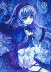 Rule 34 | 00s, 1girl, blue theme, dress, feathers, female focus, flower, hairband, jino, lips, long hair, painting (medium), profile, red eyes, ribbon, rose, rozen maiden, silver hair, smile, solo, suigintou, traditional media, watercolor (medium), wide sleeves, wings