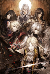 Rule 34 | 1girl, 4boys, aeon (castlevania), alucard (castlevania), androgynous, backless outfit, bishounen, black gloves, black hair, black ribbon, blonde hair, bow, bowtie, brown gloves, castlevania: aria of sorrow, castlevania: curse of darkness, castlevania: lament of innocence, castlevania: order of ecclesia, castlevania: symphony of the night, castlevania (series), castlevania judgment, collar, dhampir, floating hair, full moon, glasses, gloves, green eyes, hair between eyes, hair over one eye, half-human, highres, holding, holding sword, holding weapon, holding whip, konami, long hair, looking at viewer, looking back, monocle, moon, multiple boys, neck ribbon, parted lips, ralph c belmont, ribbon, richter belmont, rimless eyewear, shanoa, short sleeves, silver hair, smile, sword, tenyo0819, trevor belmont, trevor c. belmont, undead, upper body, vampire, very long hair, weapon, white bow, yellow eyes
