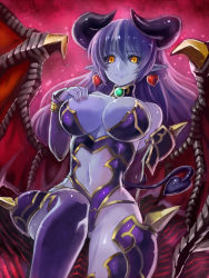 Rule 34 | 1girl, astaroth (shinrabanshou), black sclera, blue skin, breasts, colored sclera, colored skin, cowboy shot, demon girl, demon tail, demon wings, earrings, edobox, hand on own chest, heart, heart earrings, horns, jewelry, large breasts, long hair, looking at viewer, nail polish, navel, pointy ears, purple hair, purple thighhighs, shinrabanshou, smile, solo, tail, thighhighs, wings, yellow eyes