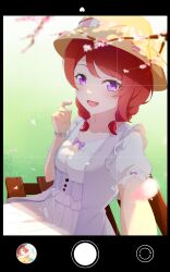 Rule 34 | 1girl, absurdres, bench, bracelet, braid, cherry blossoms, commentary request, dress, hand up, highres, jewelry, looking at viewer, love live!, love live! school idol project, medium hair, nishikino maki, open mouth, puffy short sleeves, puffy sleeves, purple eyes, red hair, selfie, short sleeves, sitting, smile, solo, twin braids, white dress, yuki (rfi5607)