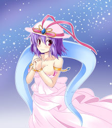 Rule 34 | 1girl, bare arms, bare shoulders, bracelet, breasts, cleavage, collarbone, dress, hat, hat ribbon, ichimi, interlocked fingers, jewelry, large breasts, looking at viewer, nagae iku, own hands clasped, own hands together, pink dress, purple hair, red eyes, ribbon, shawl, short hair, smile, solo, strapless, strapless dress, touhou