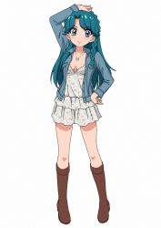 Rule 34 | 1girl, arm up, bad id, bad pixiv id, blue eyes, blue hair, blue jacket, boots, breasts, brown footwear, cleavage, closed mouth, collarbone, denim, denim jacket, dress, full body, go! princess precure, hair intakes, heart pendant, highres, jacket, kaidou minami, knee boots, long hair, long sleeves, looking at viewer, open clothes, open jacket, precure, print dress, short dress, simple background, small breasts, smile, solo, standing, towairaito-chan!, very long hair, white background, white dress