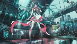 Rule 34 | 1girl, alternate costume, aqua eyes, aqua hair, blurry, boots, bridge, building, city, crosswalk, depth of field, from below, gloves, hairband, hatsune miku, headgear, highres, knee boots, lamppost, light particles, long hair, looking at viewer, looking down, necktie, pettiecoat, pigeon-toed, road sign, robot, scenery, sign, skirt, sleeveless, smile, solo, star (symbol), swav, thighhighs, twintails, vocaloid