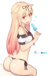 Rule 34 | 1girl, :p, ass, bare shoulders, bikini, bikini bottom only, black ribbon, blonde hair, blush, breasts, commentary request, dan (kumadan), dated, food, gradient hair, hair between eyes, hair flaps, hair ornament, hair ribbon, kantai collection, long hair, looking at viewer, looking back, multicolored hair, popsicle, red eyes, red hair, ribbon, saliva, saliva trail, side-tie bikini bottom, signature, simple background, sitting, skindentation, small breasts, solo, sparkle, swimsuit, thong bikini, tongue, tongue out, white background, yuudachi (kancolle), yuudachi kai ni (kancolle)