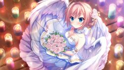Rule 34 | 1girl, ahoge, angel wings, arm garter, bare shoulders, blue eyes, blush, bouquet, breasts, bride, candle, cleavage, closed mouth, collarbone, dot nose, dress, feathered wings, film grain, flower, from above, game cg, hair flower, hair intakes, hair ornament, hairclip, himura nagisa, holding, holding bouquet, izumi tsubasu, layered skirt, lens flare, looking at viewer, medium breasts, neck garter, non-web source, official art, pink hair, re:stage!, reflective floor, rose, short hair, skirt, smile, solo, sparkle, strapless, strapless dress, tile floor, tiles, wedding, wedding dress, white dress, white flower, white rose, white skirt, white wings, wings