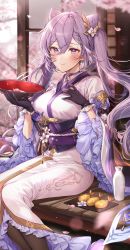 1girl, breasts, cherry blossoms, choker, commentary request, day, eyebrows visible through hair, food, genshin impact, gloves, hair between eyes, highres, holding, keqing (genshin impact), long hair, looking at viewer, medium breasts, outdoors, pillo, purple eyes, purple hair, sitting, smile, solo, twintails