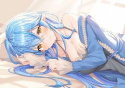 Rule 34 | 1girl, ahoge, akamoku, alternate costume, bare shoulders, bed, black camisole, blue hair, blue jacket, blue nails, blush, breasts, camisole, cleavage, closed mouth, commentary, curtains, day, eyelashes, hair between eyes, highres, hololive, indoors, jacket, light blue hair, lips, long hair, long sleeves, looking at viewer, lying, medium breasts, nail polish, off shoulder, on bed, on side, open clothes, open jacket, pointy ears, pov across bed, smile, solo, sunlight, twitter username, upper body, virtual youtuber, window, yellow eyes, yukihana lamy