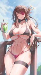 Rule 34 | 1girl, abs, absurdres, against railing, alternate costume, beidou (genshin impact), bikini, black bikini, black choker, blue sky, breasts, brown hair, choker, cleavage, closed eyes, cloud, collarbone, commentary, cowboy shot, cup, day, dotthebot, drink, drinking straw, elbow rest, eyepatch, facing viewer, genshin impact, grin, hair ornament, hair over one eye, hair over shoulder, hair stick, highres, holding, holding cup, large breasts, long hair, multi-strapped bikini bottom, navel, one eye covered, outdoors, railing, red bikini, side-tie bikini bottom, signature, sky, smile, solo, swept bangs, swimsuit, thigh strap, thighs, two-tone bikini, v-shaped eyebrows