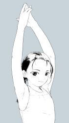 Rule 34 | 1girl, arms up, blue background, blush, closed mouth, commentary, flat chest, highres, looking at viewer, low ponytail, monochrome, original, own hands together, ponytail, satsuyo, simple background, smile, solo, stretching, upper body