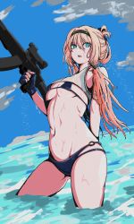 Rule 34 | 1girl, absurdres, alternate costume, alternate hairstyle, an-94, an-94 (girls&#039; frontline), arm behind back, assault rifle, bikini, blonde hair, blue bikini, blue eyes, blue gloves, blue sky, breasts, defy (girls&#039; frontline), fingerless gloves, girls&#039; frontline, gloves, gskittles, gun, hair ornament, hairband, hairclip, highres, holding, holding gun, holding weapon, long hair, looking at viewer, navel, on water, open mouth, rifle, simple background, sky, small breasts, solo, standing, swimsuit, water, weapon, wet