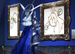 Rule 34 | 1girl, animalization, black gloves, blue hair, cape, ceres fauna, child&#039;s drawing, detached sleeves, doodle, from behind, gartic phone, gloves, halo, hand on own chin, highres, hololive, hololive english, mechanical halo, nanashi mumei, ouro kronii, painting (object), picture frame, quasarcake, skirt, striped clothes, striped skirt, stroking own chin, virtual youtuber
