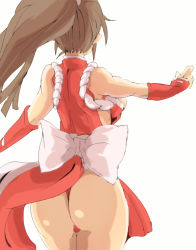 Rule 34 | 1girl, ass, back, bare shoulders, breasts, brown hair, detached sleeves, fatal fury, from behind, large breasts, ponytail, shiranui mai, snk, solo, thong, white background
