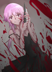 Rule 34 | 1girl, absurdres, black dress, blood, blood on clothes, blood on face, blood splatter, bloody weapon, breasts, cleavage, collarbone, crazy smile, dress, dutch angle, floating hair, gasai yuno, grey background, hair between eyes, highres, holding, holding knife, knife, long hair, looking at viewer, mirai nikki, off shoulder, pink hair, red eyes, shiliuye feiyu, sleeveless, sleeveless dress, small breasts, smile, solo, standing, weapon, wide-eyed