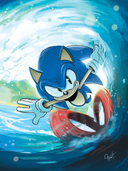 Rule 34 | 1boy, archie comics, artist name, commentary, cover, cover page, english commentary, furry, furry male, gloves, green eyes, looking at viewer, male focus, official art, running, signature, solo, sonic (series), sonic the hedgehog, sonic the hedgehog (archie comics), teeth, textless version, tyson hesse, water, waving, white gloves