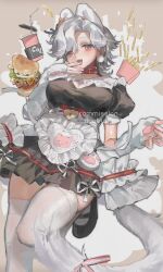 Rule 34 | 1girl, :d, absurdres, animal ears, animal hands, apron, artist name, black dress, black footwear, blush, breasts, burger, cat ears, cat girl, cat tail, cleavage, cola, collar, commission, diurtion, dress, drinking straw, earrings, fang, fangs, fingerless gloves, food, french fries, frilled apron, frills, gloves, grey hair, highres, jewelry, large breasts, looking at viewer, maid, open mouth, original, pink eyes, puffy short sleeves, puffy sleeves, red eyes, ribbon, short hair, short sleeves, smile, solo, standing, standing on one leg, tail, tail ornament, thighhighs, thighs, watermark, white apron, white hair, white thighhighs