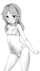 Rule 34 | 1girl, bare arms, bare shoulders, bikini, blush, breasts, collarbone, commentary request, greyscale, groin, highres, idolmaster, idolmaster cinderella girls, long hair, looking at viewer, monochrome, navel, open mouth, simple background, small breasts, solo, standing, swimsuit, testa, white background, yuuki haru
