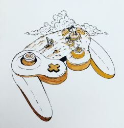 Rule 34 | cloud, controller, game controller, gamecube controller, highres, island, limited palette, nintendo, no humans, ocean, palm tree, sepia, ship, simple background, the legend of zelda, the legend of zelda: the wind waker, traditional media, tree, water, watercraft, white background, willowstration