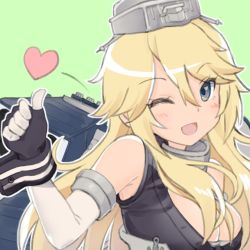 Rule 34 | 10s, 1girl, ;d, anchor symbol, bad id, bad twitter id, bare shoulders, blonde hair, blue eyes, blush, breasts, cleavage, elbow gloves, eyebrows, gloves, green background, hair between eyes, headgear, heart, iowa (kancolle), kantai collection, large breasts, long hair, mokyutan, one eye closed, open mouth, outline, simple background, smile, solo, star (symbol), thumbs up, tsurime