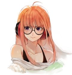 Rule 34 | 10s, 1girl, ahoge, black-framed eyewear, breasts, brown hair, cleavage, collarbone, cropped torso, floating hair, glasses, headphones, long hair, looking to the side, lor (roasyerizyonirapi), off-shoulder shirt, off shoulder, parted lips, persona, persona 5, purple eyes, sakura futaba, shirt, simple background, small breasts, smile, solo, upper body, white background, white shirt
