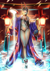 Rule 34 | 1girl, absurdres, ankle ribbon, backlighting, bare shoulders, barefoot sandals (jewelry), bob cut, breasts, collarbone, cup, eyeliner, fate/grand order, fate (series), feet, full body, headpiece, highres, horns, japanese clothes, jar, kimono, lamp, leg ribbon, legs, long sleeves, looking at viewer, makeup, navel, oni, open clothes, open kimono, open mouth, pouring, purple eyes, purple hair, purple kimono, raito (latek), revealing clothes, ribbon, sakazuki, short eyebrows, short hair, shuten douji (fate), skin-covered horns, small breasts, smile, solo, standing, standing on liquid, torii, wide sleeves