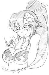 Rule 34 | 00s, 1girl, 2009, ;), absurdres, artist request, bikini, blush, breasts, cleavage, colored pencil (medium), greyscale, hair ornament, hair stick, highres, large breasts, long hair, monochrome, one eye closed, ponytail, scan, scarf, sketch, skull hair ornament, smile, solo, swimsuit, tengen toppa gurren lagann, traditional media, upper body, wink, yoko littner