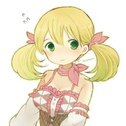 Rule 34 | 1girl, atelier (series), atelier rorona, ayu (mog), bad id, bad pixiv id, bare shoulders, blonde hair, breasts, cleavage, detached sleeves, female focus, green eyes, hair ribbon, large breasts, lionela heinze, md5 mismatch, ribbon, solo, sweatdrop, twintails, upper body, wavy mouth
