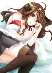 Rule 34 | 10s, 1girl, ahoge, bare shoulders, blush, boots, brown eyes, brown hair, brown thighhighs, detached sleeves, frills, hair bun, hair ornament, japanese clothes, kantai collection, kongou (kancolle), long hair, looking at viewer, lying, nerokuro, nontraditional miko, on side, single hair bun, skirt, solo, thigh boots, thighhighs, zettai ryouiki