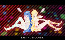 Rule 34 | 10s, 2girls, alternate costume, back-to-back, bad id, bad pixiv id, blonde hair, blue eyes, blue hair, corset, high heels, highres, himano (artist), legs, letterboxed, long hair, lots of jewelry, multiple girls, panty &amp; stocking with garterbelt, panty (psg), shoes, siblings, sisters, smile, stocking (psg), striped legwear, thighhighs