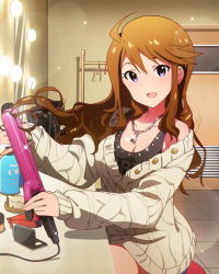 Rule 34 | 10s, 1girl, ahoge, blue eyes, brown hair, compact (cosmetics), hair brush, idolmaster, idolmaster million live!, jewelry, long hair, looking at viewer, mirror, musical note, necklace, official art, shorts, sitting, smile, sweater, tank top, tokoro megumi