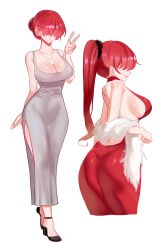 Rule 34 | 1girl, absurdres, ass, black footwear, breasts, cleavage, cropped legs, dan koflove, dress, feather boa, full body, grey dress, grin, hair bun, hair over eyes, heel up, highres, jewelry, korean commentary, large breasts, multiple views, necklace, ponytail, profile, red dress, red hair, shermie (kof), side slit, sideboob, simple background, single hair bun, smile, strappy heels, teeth, the king of fighters, the king of fighters xv, v, wedge heels, white background