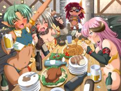 Rule 34 | 4girls, = =, ^ ^, ahoge, animal ears, armor, bare shoulders, beer mug, belt collar, bench, bikini armor, blush, bottle, braid, bread, breasts, brown collar, brown gloves, cherry tomato, chibi, chibi inset, chicken (food), cleavage, closed eyes, collar, crop top, cup, dark-skinned female, dark skin, demon horns, demon wings, detached sleeves, door, drinking glass, eating, everyone, fingerless gloves, foless, fonfon, food, fork, game cg, gloom (expression), gloves, green hair, grey hair, happy, horns, ikazuchi no senshi raidy, ikazuchi no senshi raidy iii, indoors, long hair, medium breasts, midriff, mug, multiple girls, navel, no nose, pasta, pink hair, plate, pointy ears, raidy, red hair, revealing clothes, running bond, shaded face, side braid, sitting, skinny, small breasts, smile, spaghetti, standing, stone wall, surprised, sweatdrop, table, tearing up, tiss, tomato, walk-in, wall, wings, wooden floor, zyx