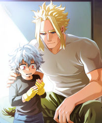 Rule 34 | 2boys, aged down, all might, alternate universe, black sweater, blonde hair, boku no hero academia, brown pants, closed mouth, gloves, grey hair, grey shirt, half-closed eyes, half gloves, head on another&#039;s shoulder, highres, looking at another, male focus, messy hair, multiple boys, muscular, muscular male, pants, parted bangs, pectorals, red eyes, shigaraki tomura, shirt, smile, sweater, tearing up, teeth, thick eyebrows, trevo (trevoshere), upper teeth only, yellow gloves