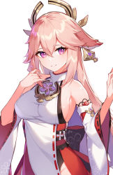 Rule 34 | 1girl, absurdres, animal ears, breasts, detached sleeves, fox ears, genshin impact, highres, japanese clothes, long hair, low-tied long hair, mitsudomoe (shape), nontraditional miko, obiage, parted lips, pink hair, purple eyes, resolution mismatch, rikoma, sideboob, simple background, smile, solo, source larger, tomoe (symbol), vision (genshin impact), white background, wide sleeves, yae miko
