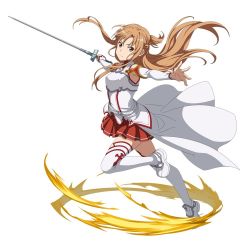 Rule 34 | 1girl, armor, asuna (sao), braid, breastplate, brown eyes, brown hair, detached sleeves, floating hair, full body, holding, holding sword, holding weapon, leg up, long hair, long sleeves, looking at viewer, miniskirt, outstretched arms, pleated skirt, red skirt, simple background, skirt, solo, sword, sword art online, sword art online: code register, thighhighs, very long hair, waist cape, weapon, white background, white sleeves, white thighhighs, zettai ryouiki