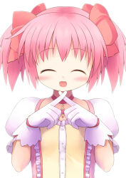 Rule 34 | 1girl, :d, blush, bow, buttons, chest jewel, choker, closed eyes, commentary request, crossed fingers, dress, emurin, flat chest, gloves, hair bow, kaname madoka, magical girl, mahou shoujo madoka magica, mahou shoujo madoka magica (anime), multiple hair bows, open mouth, pink bow, pink dress, pink gemstone, pink hair, puffy short sleeves, puffy sleeves, red choker, short hair, short sleeves, simple background, smile, solo, two side up, upper body, white background, white gloves, white sleeves