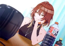 Rule 34 | 1girl, aketa mikoto, bottle, breasts, brown hair, chain necklace, circulatormai, head rest, idolmaster, idolmaster shiny colors, jewelry, necklace, rice cooker, sleeveless, smile, solo