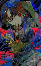 Rule 34 | 1girl, abstract, absurdres, brown hair, highres, impressionism, iwakura lain, looking at viewer, open mouth, outstretched arm, red eyes, serial experiments lain, short hair, short sleeves, solo, wire, yadu nadu