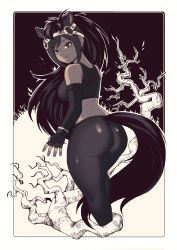 Rule 34 | 10s, 1girl, animal ears, ass, back, bad id, bad pixiv id, bare shoulders, bare tree, black gloves, black hair, black pants, black sports bra, blush, breasts, brown eyes, brown hair, brown thoroughbred (kemono friends), closed mouth, cowboy shot, dark-skinned female, dark skin, elbow gloves, eyelashes, fingerless gloves, fingernails, from behind, gloves, headband, highres, horse ears, horse girl, horse tail, kemono friends, legs together, long hair, looking at viewer, looking back, medium breasts, navel, o-ring, outside border, pagong, pants, pantyhose, red eyes, shiny clothes, sidelocks, sleeveless, smile, solo, sports bra, standing, sweatband, swept bangs, tail, tank top, thighs, tight clothes, tight pants, tree, tsurime, twisted neck