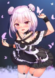 Rule 34 | 1girl, absurdres, alternate costume, alternate hair color, bug, butterfly, clip studio paint (medium), collarbone, commentary request, double bun, fang, garter belt, garter straps, gmkj, gothic lolita, hair bun, highres, hololive, insect, lolita fashion, long hair, looking at viewer, open mouth, painttool sai (medium), red eyes, short hair, simple background, solo, uruha rushia, uruha rushia (3rd costume), virtual youtuber