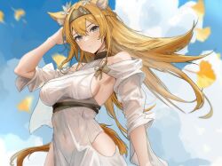 Rule 34 | 1girl, absurdres, animal ears, arknights, armpit cutout, bare shoulders, black choker, blonde hair, blue sky, braid, breasts, choker, clothing cutout, commentary request, copyright name, day, dress, french braid, grey eyes, grey hairband, hairband, highres, horn (arknights), horn (to effloresce whitely) (arknights), long hair, long sleeves, looking at viewer, medium breasts, off-shoulder dress, off shoulder, official alternate costume, sideboob, sky, solo, sora mame (princess 0sora), upper body, very long hair, white dress, wolf ears, wolf girl