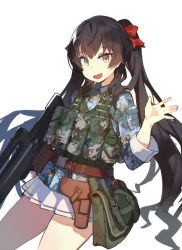 Rule 34 | 1girl, :d, assault rifle, bag, belt, belt pouch, black hair, blue shirt, brown eyes, bullpup, camouflage, commentary request, cowboy shot, fang, fangdan runiu, girls&#039; frontline, gun, hair ribbon, hand up, holding, holding gun, holding weapon, holster, long hair, long sleeves, looking at viewer, military, military uniform, miniskirt, open mouth, pleated skirt, pouch, qbz-97, red ribbon, ribbon, rifle, shirt, shoulder bag, sidelocks, simple background, skirt, smile, solo, standing, thighs, twintails, type 97 (girls&#039; frontline), uniform, very long hair, vest, weapon, white background, white skirt