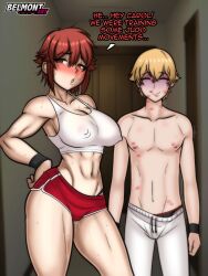 Rule 34 | 1boy, 1girl, absurdres, aizawa tomo, bare shoulders, belmont, blonde hair, blurry, blurry background, blush, breasts, buruma, cleavage, closed eyes, closed mouth, covered erect nipples, cowboy shot, door, embarrassed, hair between eyes, hallway, hand on own hip, highres, indoors, large breasts, lipstick mark, matching hair/eyes, midriff, misaki kousuke, navel, netorare, open mouth, pants, pussy juice, red eyes, red hair, red shorts, short hair, shorts, sleeveless, smile, sports bra, sportswear, standing, text focus, tomo-chan wa onna no ko, white pants, wristband